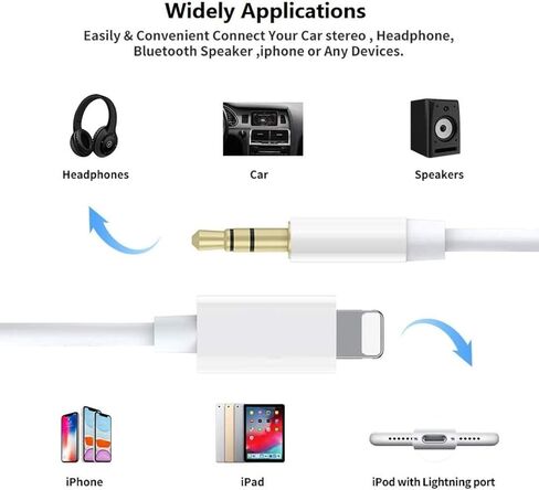 Apple MFi Certified Aux Cord for iPhone, 2 Pack Lightning to 3.5mm Audio Jack Adapter, Lightning to Aux Cable Compatible with iPhone 14 13 12 11 XS XR X 8 for Car Home Stereo/Speaker/Headphone, White in Kuwait