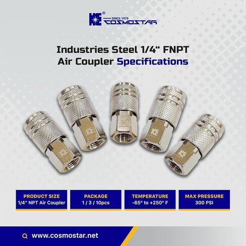 COSMOSTAR Industries Steel 1/4" MNPT Air Plug Fitting, 1/4 Inch Plug and 1/4" NPT Connector with Pre-Applied Sealant - Industrial Type Quick Connect Plugs (1/4" CFNPT, 3 PCS) in Kuwait