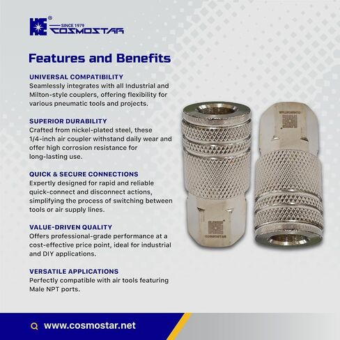 COSMOSTAR Industries Steel 1/4" MNPT Air Plug Fitting, 1/4 Inch Plug and 1/4" NPT Connector with Pre-Applied Sealant - Industrial Type Quick Connect Plugs (1/4" CFNPT, 3 PCS) in Kuwait