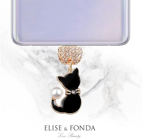 ELISE & FONDA TP195 Type-C USB منفذ شحن كريستال مضاد للغبار قابس صغير على شكل حيوان أليف على شكل قطة صغيرة قلادة للهاتف الخلوي لهواتف Samsung Galaxy/Huawei/OnePlus/Xiaomi/oppo Android (أسود) in Saudi Arabia