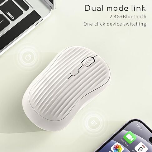 ماوس لاسلكي ONE-UP، 2.4 جيجا + بلوتوث، بطارية قابلة لإعادة الشحن، 4 مفاتيح، DPI: 800/1200/1600، صامت، نوع C، مستقبل USB Nano، مريح، محمول، لأجهزة الكمبيوتر المحمول، Chromebook، الكمبيوتر الشخصي، Mac، Windows (البيج) in Kuwait