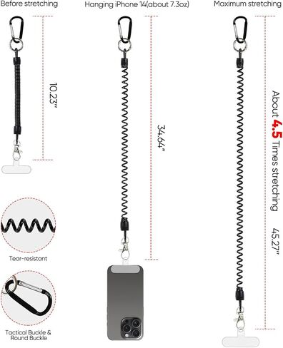 Retractable Phone Lanyard Tether with Carabiners and Patches | Anti Theft Spiral Phone Strap,Anti Lost Leash,Bungee Phone Cord for Skiing Hiking Climbing Fishing Kayaking in Kuwait