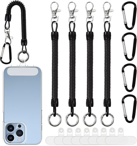 Retractable Phone Lanyard Tether with Carabiners and Patches | Anti Theft Spiral Phone Strap,Anti Lost Leash,Bungee Phone Cord for Skiing Hiking Climbing Fishing Kayaking in Kuwait