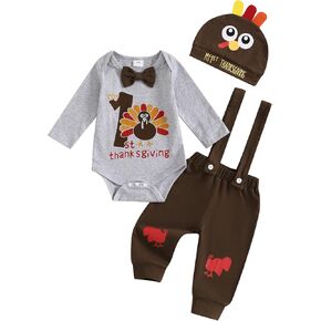 Newborn Baby Boy Halloween Thanksgiving Christmas Outfit Long Sleeve Romper Suspender Pants Fall Winter Clothes