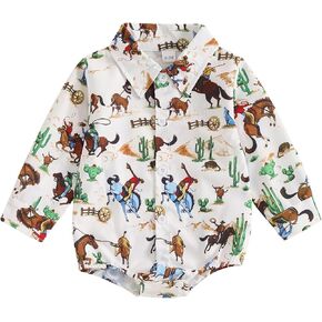 Western Newborn Baby Boy Outfit Cow Horse Print Shirt Romper Long Sleeve Button Down Bodysuit Fall Gentleman Clothes