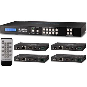 4x8 4x4 4KHDBaseT HDMI Matrix Switcher w/ 4 PoC HDBasT Receivers (CAT5e or CAT6). HDCP2.2 HDTV Routing Selector SPDIF Audio Control 4 Savant Home Automation with Bi-Directional IR (Matrix+4RX)