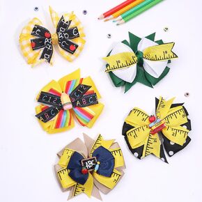 Back to School Bow Hair Clips for Girls, 5PCS 4.5 Inch Yellow Apple Pencil Blackboard Hair Bows Hairgrips Alligator Clips for First Day of School Hair Accessory for Toddler Kids Kindergarten Students