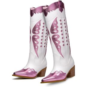GOSERCE Women's Western Pointed toe Metallic Mid-Calf Cowboy Boots Knee High Cowgirl Boots Colorful sparkly Boots