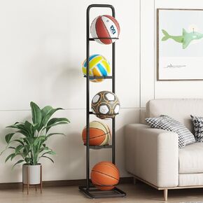 MLUPODY Sports Ball Storage Rack | Adjustable Vertical Stand for Basketball, Soccer, Volleyball & More | Durable Steel Organizer for Garage |5-Ball |45.7 inches