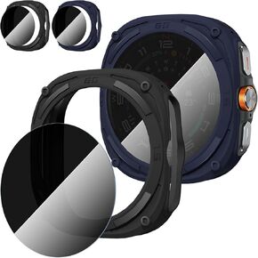 Suoman 2+2 Pack for Samsung Galaxy Watch 7 Ultra 47mm Case,Privacy Full Coverage Tempered Glass Screen Protector+Soft TPU Hollow Edge Case for Galaxy Watch 7 Ultra 47mm (Black+Black)