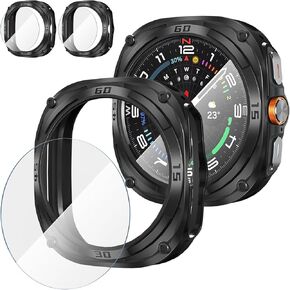 Suoman 2+2 Pack for Samsung Galaxy Watch 7 Ultra 47mm Case,Privacy Full Coverage Tempered Glass Screen Protector+Soft TPU Hollow Edge Case for Galaxy Watch 7 Ultra 47mm (Black+Black)