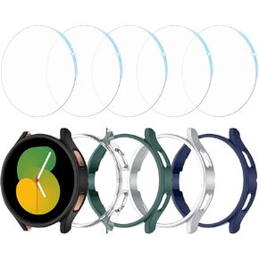 [5+5PCS] GEAK Compatible for Samsung Watch 4 Screen Protector and Galaxy Watch 5 Case 40mm, Anti-Fog and Watertight Tempered Glass Protector Film with Hard PC Bumper Shell Black/Clear/Pink/Sliver/Gold
