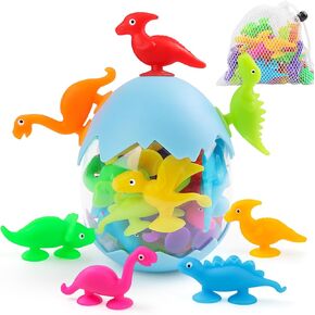 Baby Suction Cups, 16PCS Silicone Dinosaur Sucker Toys with Eggshell Storage, Sensory Bath Toys for Kids Ages 4-8, Counting Learning Color Tool, Window Toy, Montessori Gift for Boys Girls Ages 3+