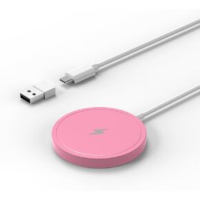 Wireless Charger, 15W Max Fast Magnetic Wireless Charging Pad Compatible with iPhone 15/14/13/12 with USB-A Converter Pink