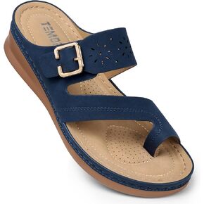 TEMOFON Flip Flops للنساء في الصيف: صنادل مشي مريحة، دعم القوس، صنادل لتقويم العظام، صنادل أنيقة باللون الأسود/البحرية/الأبيض مقاس 5-11