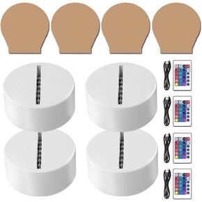 4 Sets 3D Night LED Light Lamp Base, Large Size LED Base for Acrylic16 Colors LED Light Base with Remote Control and USB Cable for Bedroom Child Room Restaurant Shop (4-Set Round White)