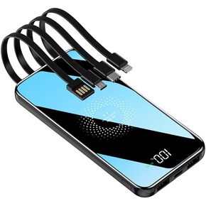 Portable Charger 10000mAh LED Display 4 in 1 Power Bank Self Wired Power Supply Battery Pack Fashionable Design (Space Black)