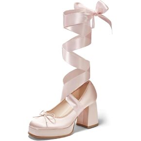 Coutgo Womens Lace Up Heels Platform Chunky High Heel Pumps Bow Closed Square Toe Party Ballet Dress Shoes