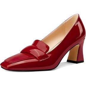 Castamere Womens Chunky Block Mid Heel Square Toe Pumps Slip-on Office Dress Patent Leather Loafers Shoes 2.8 Inches Heels