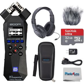 Zoom H1essential Stereo Recorder with 32-Bit Float, USB Microphone, Bundle with Zoom Accessory Pack for H1essential, Over-Ear Stereo Headphones, 32GB microSD Card