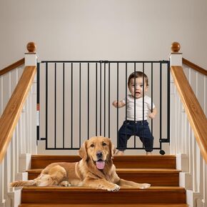 No Bottom Bar Safety Gate with Support Wheel for Toddlers and Dogs, Adjustable Width 28in-43in, Installation Height 29in-30.5in, Auto-Close Two-Way Swing for Hallways, Stairs, and Doorways, White