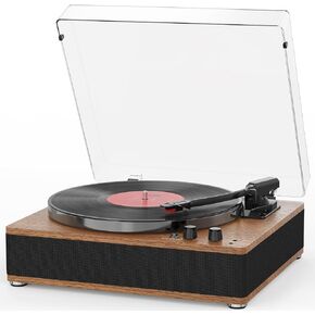 Vintage Record Player – Vinyl Records Player with Bluetooth Input/Output, Built-in Stereo Speakers, Full-Size Platter, 3-Speed Turntable, RCA/AUX/Headphone Out, Auto Off, Walnut Case