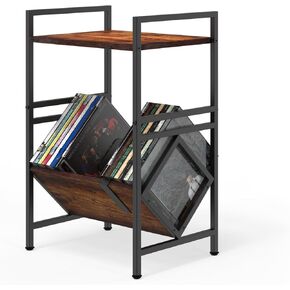 Record Player Stand with CD & DVD Album Storage Racks, 2-Tier End Table Record Player Holder, Vintage Housing Sytle, Wood & Metal Assembly
