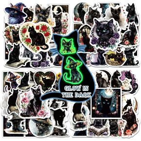 51 Pcs Cartoon Magic Witch Theme Water Bottle Stickers for Kids Adults, Glow in The Dark Green Creative Aesthetics Vinyl Waterproof Laptop Decals, Scrapbook Phone Case Skateboard Diary Party Decor