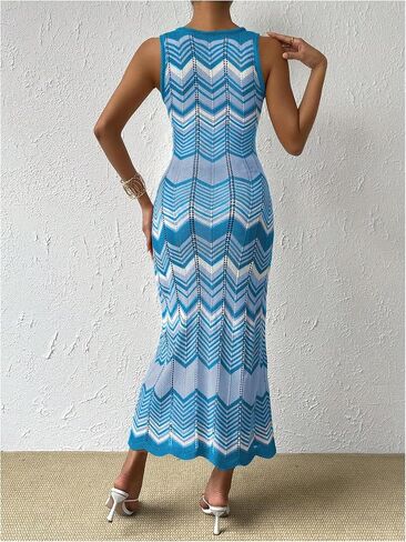 SHENHE Women's Scoop Neck Colorblock Chevron Knit Scalloped Sweater Long Tank Dress in Saudi Arabia