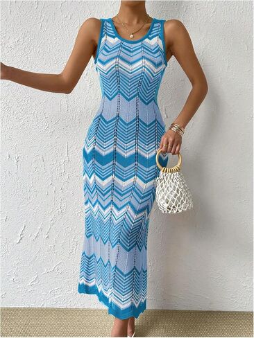 SHENHE Women's Scoop Neck Colorblock Chevron Knit Scalloped Sweater Long Tank Dress in Saudi Arabia