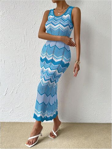 SHENHE Women's Scoop Neck Colorblock Chevron Knit Scalloped Sweater Long Tank Dress in Saudi Arabia