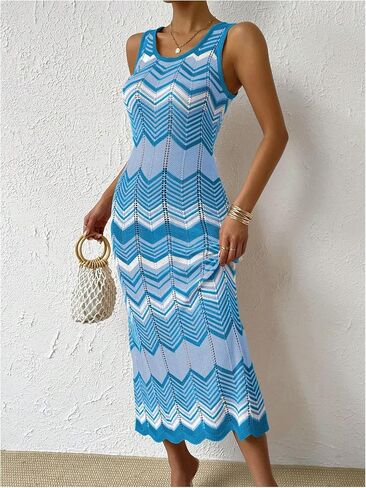 SHENHE Women's Scoop Neck Colorblock Chevron Knit Scalloped Sweater Long Tank Dress in Saudi Arabia