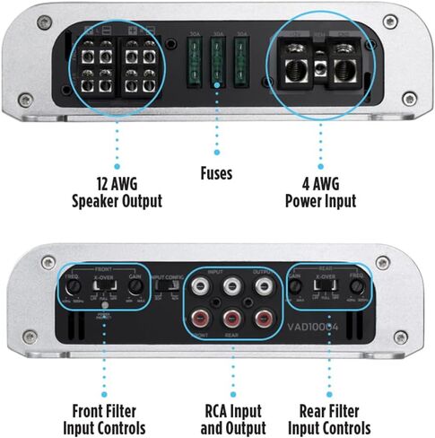 NVX VADM4 v2 Model 4-Channel Class D Amplifier 1000W Peak, 500W RMS | 2/4-ohm Stable, High/Low Pass X-Over, for Car/Truck/Marine/UTV/Motorcycle in Kuwait