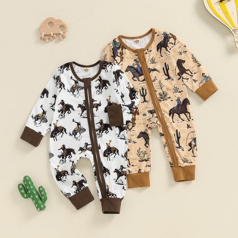 Western Baby Boy Clothes Fall Zipped Cowboy Romper Outfit Infant Cow Print One-piece Jumpsuit Overall Country Stuff in Saudi Arabia