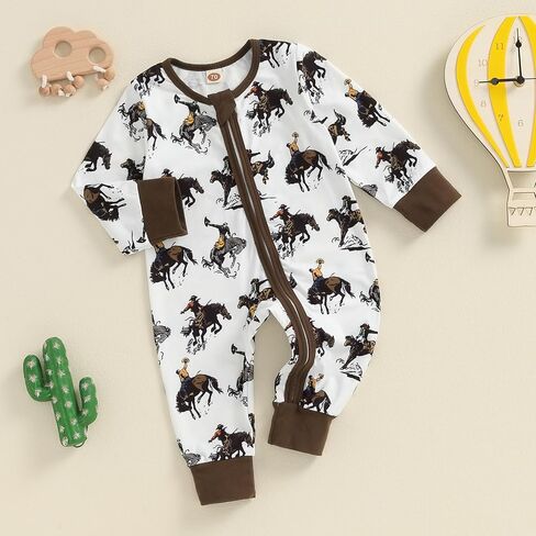Western Baby Boy Clothes Fall Zipped Cowboy Romper Outfit Infant Cow Print One-piece Jumpsuit Overall Country Stuff in Saudi Arabia