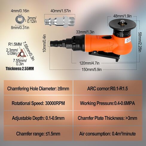 2 in 1 Mini Pneumatic Chamfering Machine, 45° Arc Corner Beveling Trimming Deburring Machine 30000RPM Handheld Chamfering Air Chamfer Tool with 1/4 Inch Air Inlet (C&R Angle Blades,Orange) in Saudi Arabia
