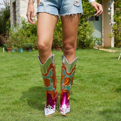 GOSERCE Women's Western Pointed toe Metallic Mid-Calf Cowboy Boots Knee High Cowgirl Boots Colorful sparkly Boots in Saudi Arabia
