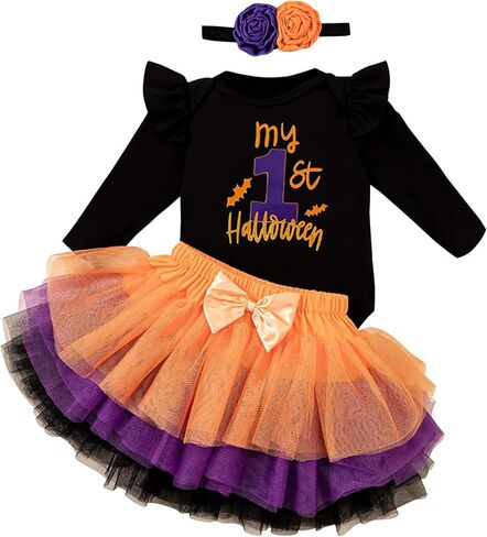 Kunyeah 3Pcs Baby Girl First Halloween Outfit Infant Romper Dress Bow Tutu Skirt with Headband Newborn Thanksgiving Bodysuit in Kuwait