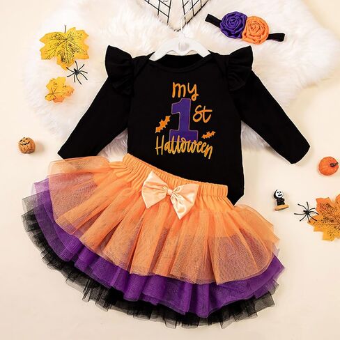 Kunyeah 3Pcs Baby Girl First Halloween Outfit Infant Romper Dress Bow Tutu Skirt with Headband Newborn Thanksgiving Bodysuit in Kuwait