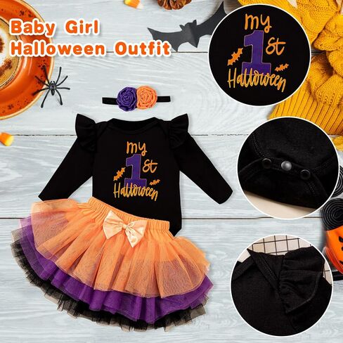 Kunyeah 3Pcs Baby Girl First Halloween Outfit Infant Romper Dress Bow Tutu Skirt with Headband Newborn Thanksgiving Bodysuit in Kuwait