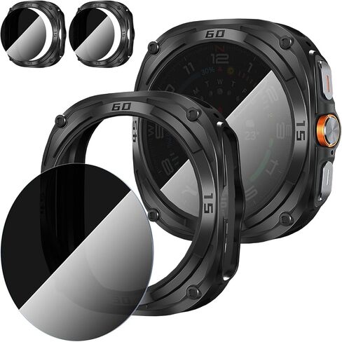 Suoman 2+2 Pack for Samsung Galaxy Watch 7 Ultra 47mm Case,Privacy Full Coverage Tempered Glass Screen Protector+Soft TPU Hollow Edge Case for Galaxy Watch 7 Ultra 47mm (Black+Black) in Saudi Arabia