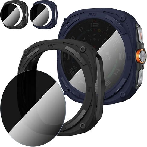 Suoman 2+2 Pack for Samsung Galaxy Watch 7 Ultra 47mm Case,Privacy Full Coverage Tempered Glass Screen Protector+Soft TPU Hollow Edge Case for Galaxy Watch 7 Ultra 47mm (Black+Black) in Saudi Arabia