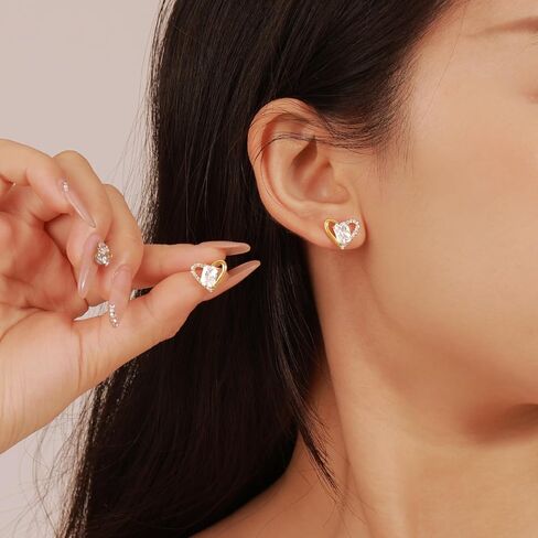 18K Gold Heart Earrings Studs Dainty Heart Shaped Earrings for Women Gold Plated Small Cute Heart Earrings Stud with Cubic Zirconia S925 Hypoallergenic Stud Earrings for Women Jewelry Gift in Saudi Arabia