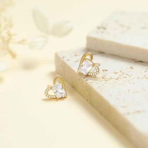 18K Gold Heart Earrings Studs Dainty Heart Shaped Earrings for Women Gold Plated Small Cute Heart Earrings Stud with Cubic Zirconia S925 Hypoallergenic Stud Earrings for Women Jewelry Gift in Saudi Arabia