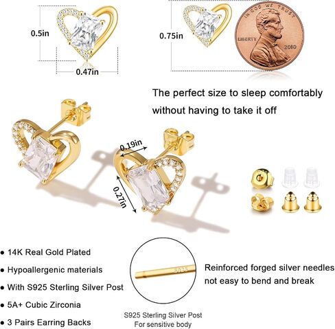 18K Gold Heart Earrings Studs Dainty Heart Shaped Earrings for Women Gold Plated Small Cute Heart Earrings Stud with Cubic Zirconia S925 Hypoallergenic Stud Earrings for Women Jewelry Gift in Saudi Arabia