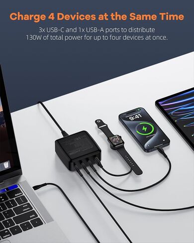 قاعدة شحن برجية USB C بقدرة 130 واط، شحن سريع لساعة Apple Series 9 8، Motorola G Stylus، G 5g Edge، Samsung Galaxy S24 Ultra، S23، MacBook Pro/Air متعدد منافذ USB Cube Box متعددة in Saudi Arabia