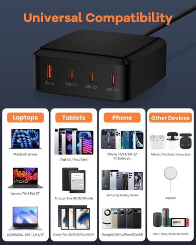 قاعدة شحن برجية USB C بقدرة 130 واط، شحن سريع لساعة Apple Series 9 8، Motorola G Stylus، G 5g Edge، Samsung Galaxy S24 Ultra، S23، MacBook Pro/Air متعدد منافذ USB Cube Box متعددة in Saudi Arabia