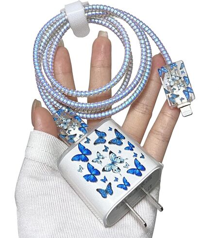 حامي الكابل لشاحن iPhone مع نمط الفراشة الزرقاء اللطيفة، واقي سلك الشحن Kawaii الشفاف الناعم للنساء والفتيات متوافق مع غطاء شاحن iPad 18W/20W in Kuwait