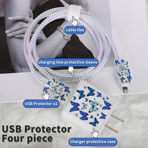 حامي الكابل لشاحن iPhone مع نمط الفراشة الزرقاء اللطيفة، واقي سلك الشحن Kawaii الشفاف الناعم للنساء والفتيات متوافق مع غطاء شاحن iPad 18W/20W in Kuwait