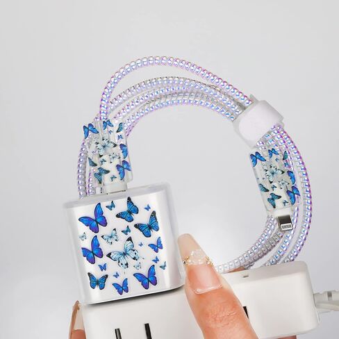 حامي الكابل لشاحن iPhone مع نمط الفراشة الزرقاء اللطيفة، واقي سلك الشحن Kawaii الشفاف الناعم للنساء والفتيات متوافق مع غطاء شاحن iPad 18W/20W in Kuwait